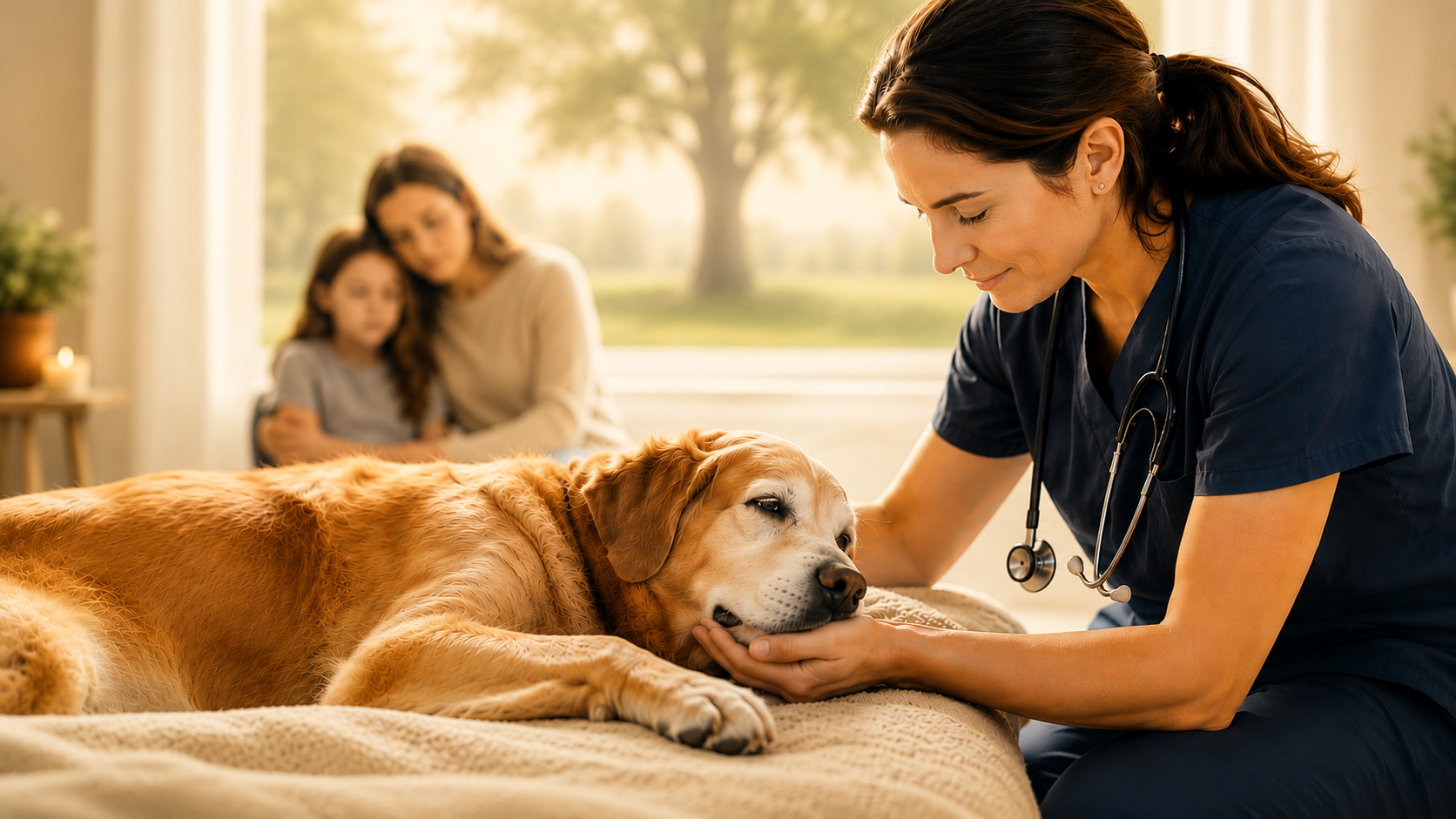 Veterinarian comforting an elderly dog while family watches
