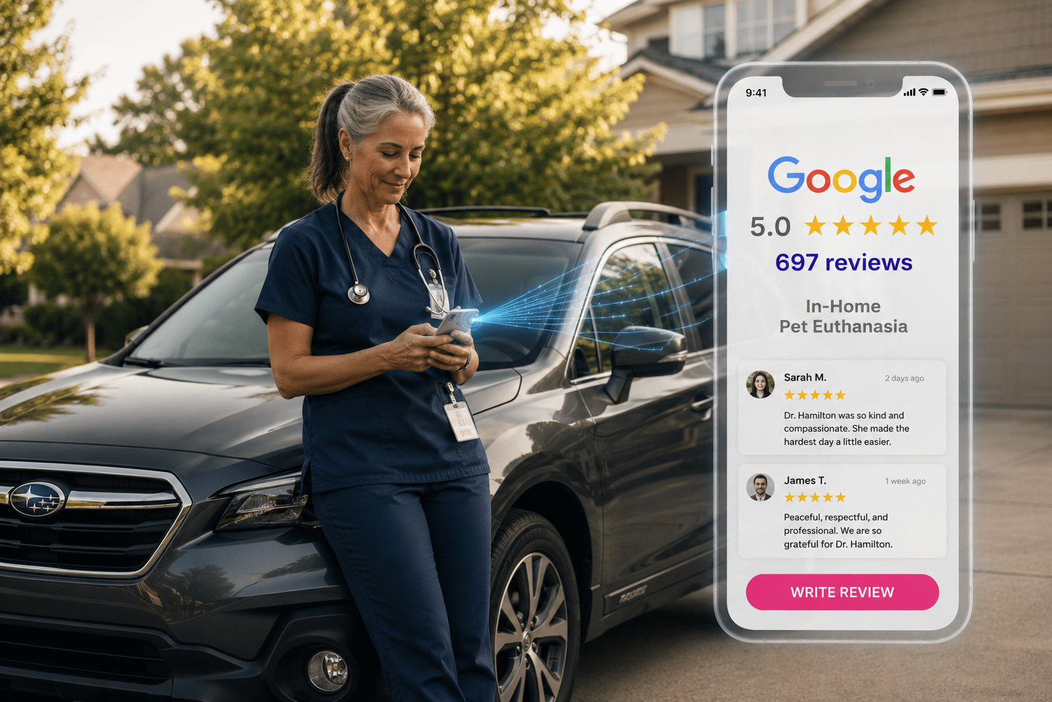 Veterinarian leaning against her car checking her phone